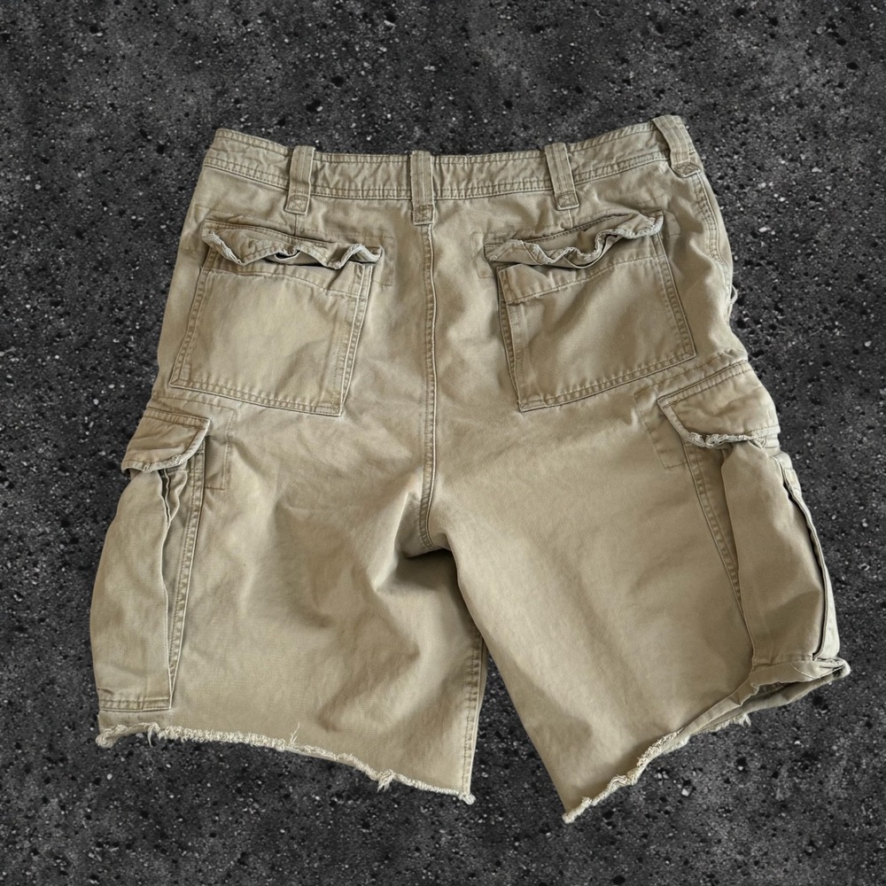 Abercrombie & Fitch Mens Khaki Cargo Shorts Raw Hem Tan Cotton 32L - Picture 2 of 7